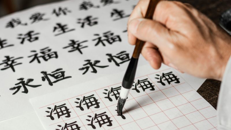 High angle man writing chinese symbols on white paper-Common Mistakes In Chinese-Lingopie