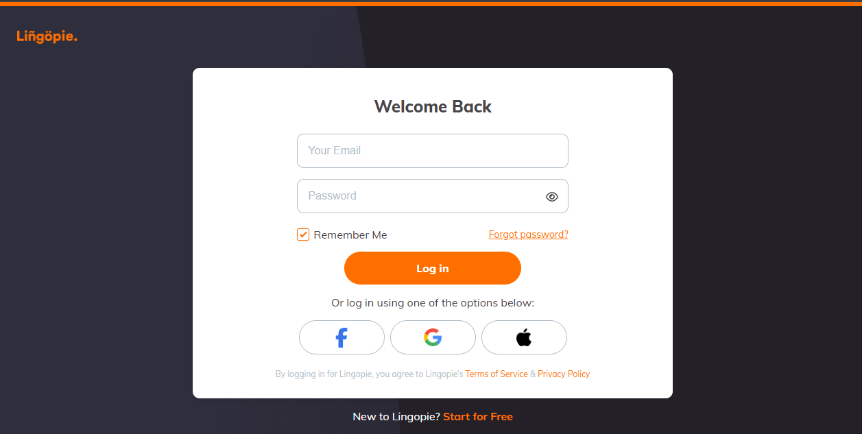 Lingopie Login Page