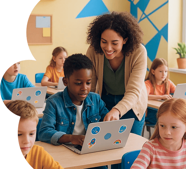Teacher helping student with laptop